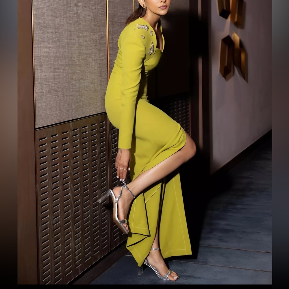 Elegant Long Sleeve Chartreuse Dress - Picture 9 of 13